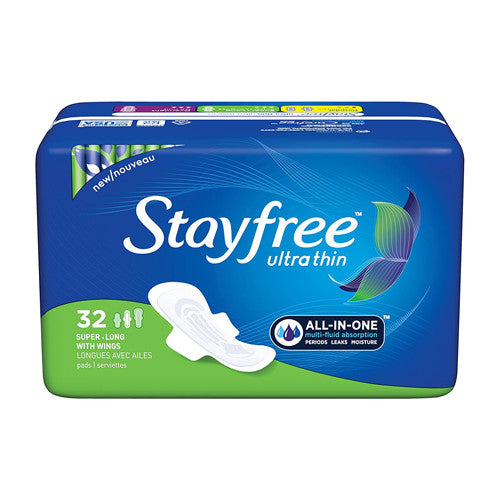 Stayfree Ultra Thin Pads for Women Super-Long With Wings, 32 Pads
